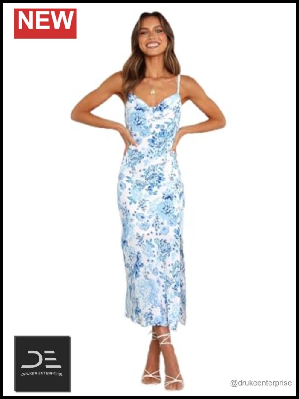 Maxi dress cowl neckline adjustable straps tie back slit